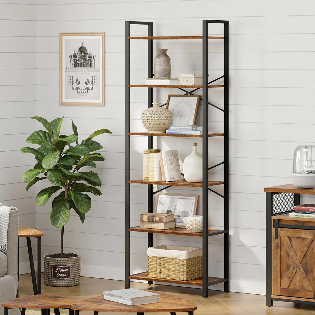 VASAGLE Bookshelf, 6-Tier Shelving Unit with Steel Frame, Tall Rustic Shelves for Living Room, Office, Study, Hallway, Industrial Style