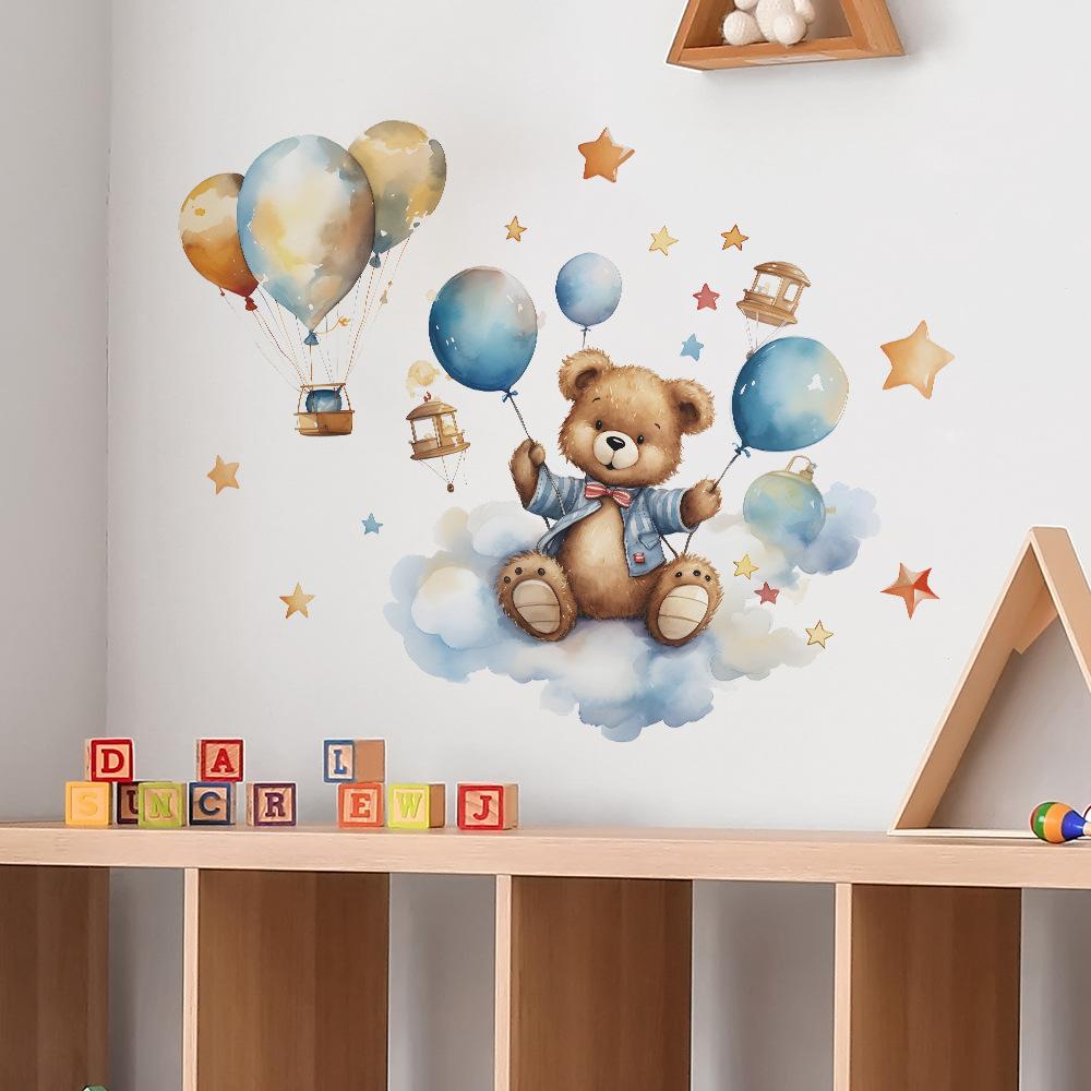 Cartoon Bear Elephant Balloon Star Wall Decals for Children's Room Bedroom Background Decoration Self Adhesive Wall Stickers