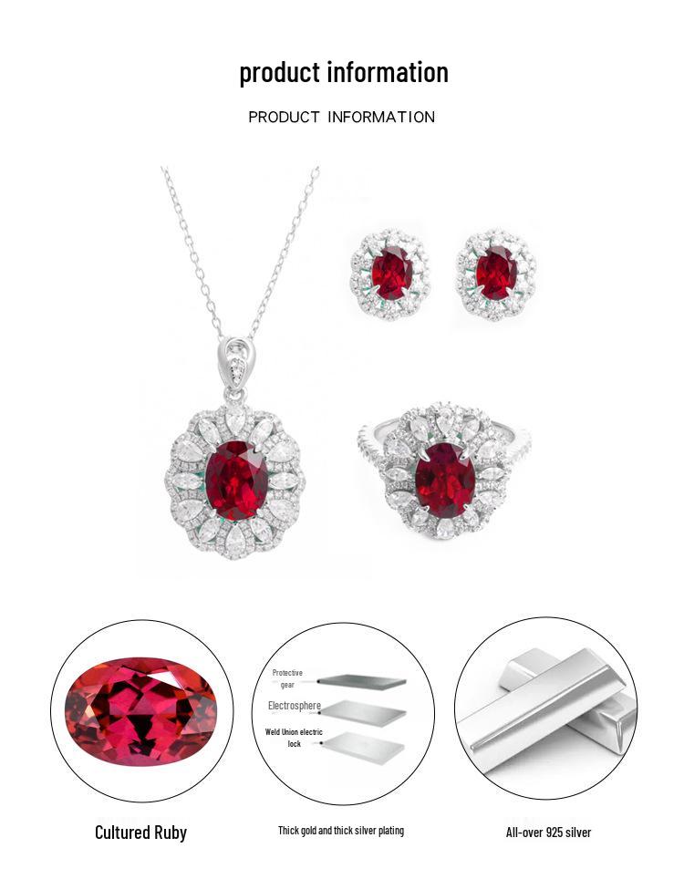 Set de bijuterii retro de curte european și american, în formă de ou, cu rubin cultivat roșu sânge de porumbel de 3 carate în argint S925.