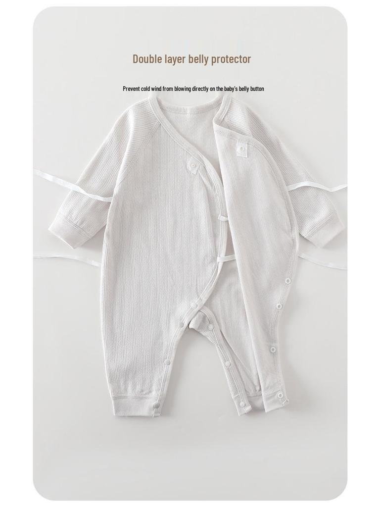 Pure Cotton Long-Sleeve Butterfly Bodysuit for Infants and Toddlers - Belly Protection, Lace-Up Design, One-Piece Home Wear, Spring
