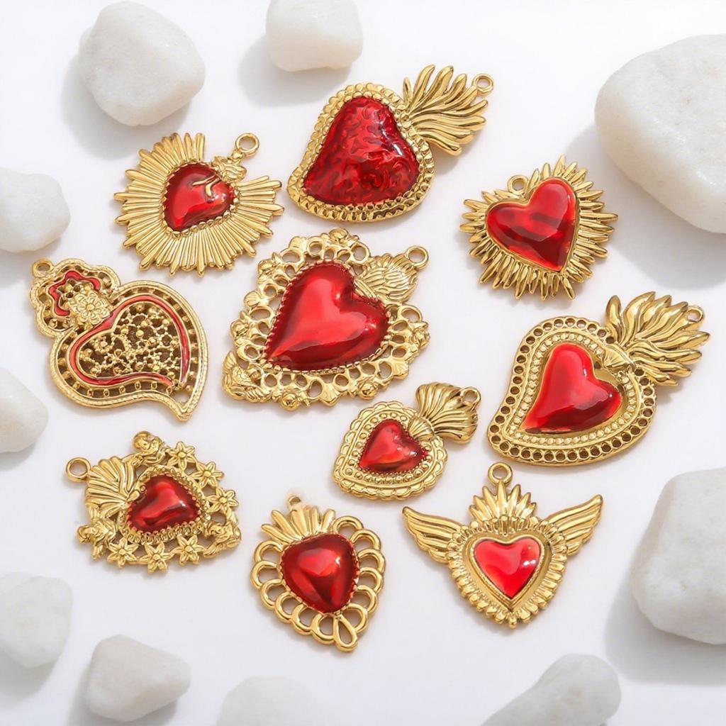1 Piece 304 Stainless Steel Pendant Charm Red Heart Enamel 18K Gold Plated For DIY Necklace Bracelet Jewelry Making Findings
