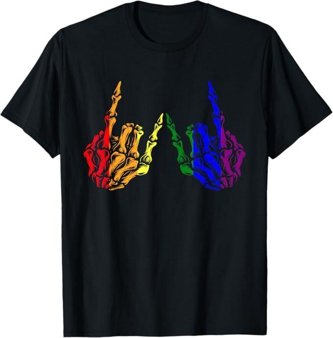 Skeleton Rock Hand LGBT-Q Cool Rainbow Flag Gay Pride Ally T-Shirt