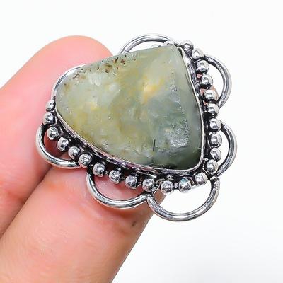 Pedra Prehnita Natural Feita à Mão Prata de Lei 925 Anel de Presente Tamanho 7 h6C78