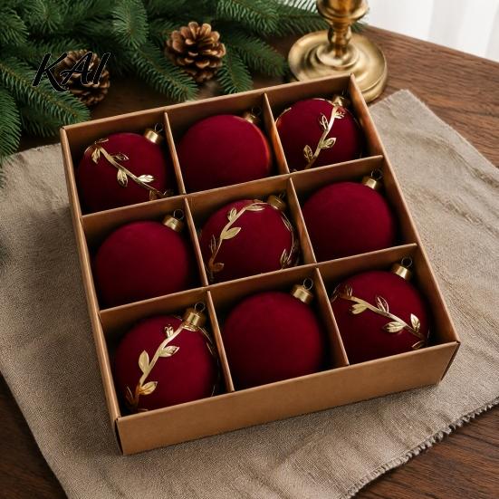 Soft Touch Decorative Balls 9Pcs Flocked Christmas Ball Ornaments, Burgundy Velvet with Gold Festive Garland Accents Embroidery, Hanging Tree