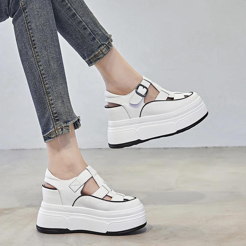 Fashion 7cm Hollow Genuine Leather Breathable Sandals Summer 2024 Women Casual Shoes Platform Wedge Chunky Sneakers Shoes Flats Leisure