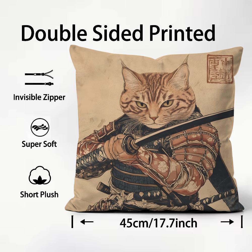 Japanese Style Samurai Cat Cushion Cover Pattern Printed Pillowcase for Living Room Sofa Cushion Cover & Bedroom Decor
