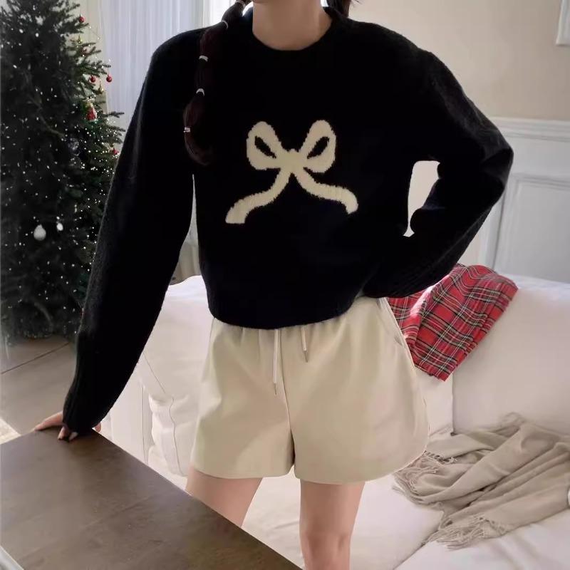 Autumn and winter cute girl feeling full of new loose versatile bow round neck knitted pullover sweater women