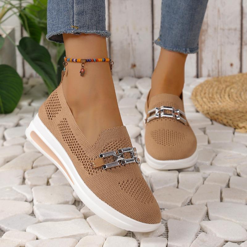 Spring new metal chain slope heel thick sole one pedal breathable and lightweight mesh large size casual single shoes women