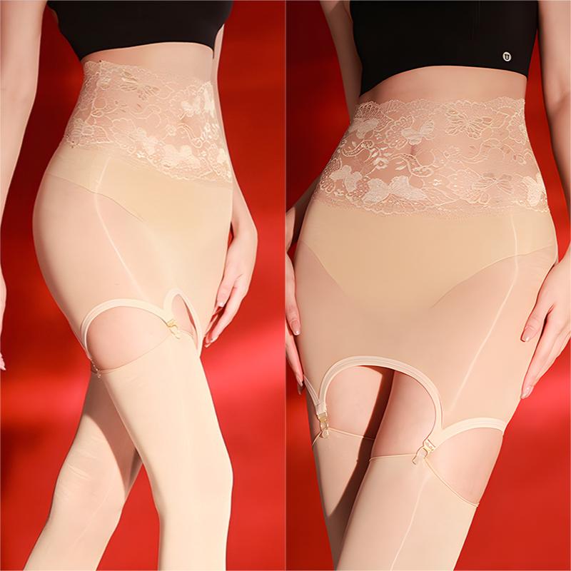 Kave Oil Shiny Buttocks Mini Skirt Lace Garter Suspenders Tights Pantyhose Sexy Lingerie High Waist Garter Belt For Stockings