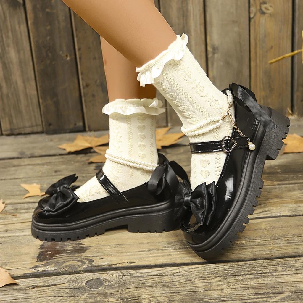 Women Lolita Shoes New Pearl Chain Mary Jane Shoes Woman Fashion Versatile Outdoor Platform Heels Shoes Women