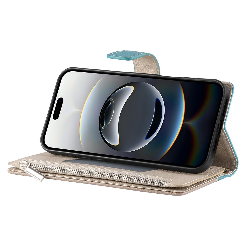 For iPhone 16 Pro Max Case Zipper Pocket Wallet Color Splicing Leather Flip Phone Cover with Straps