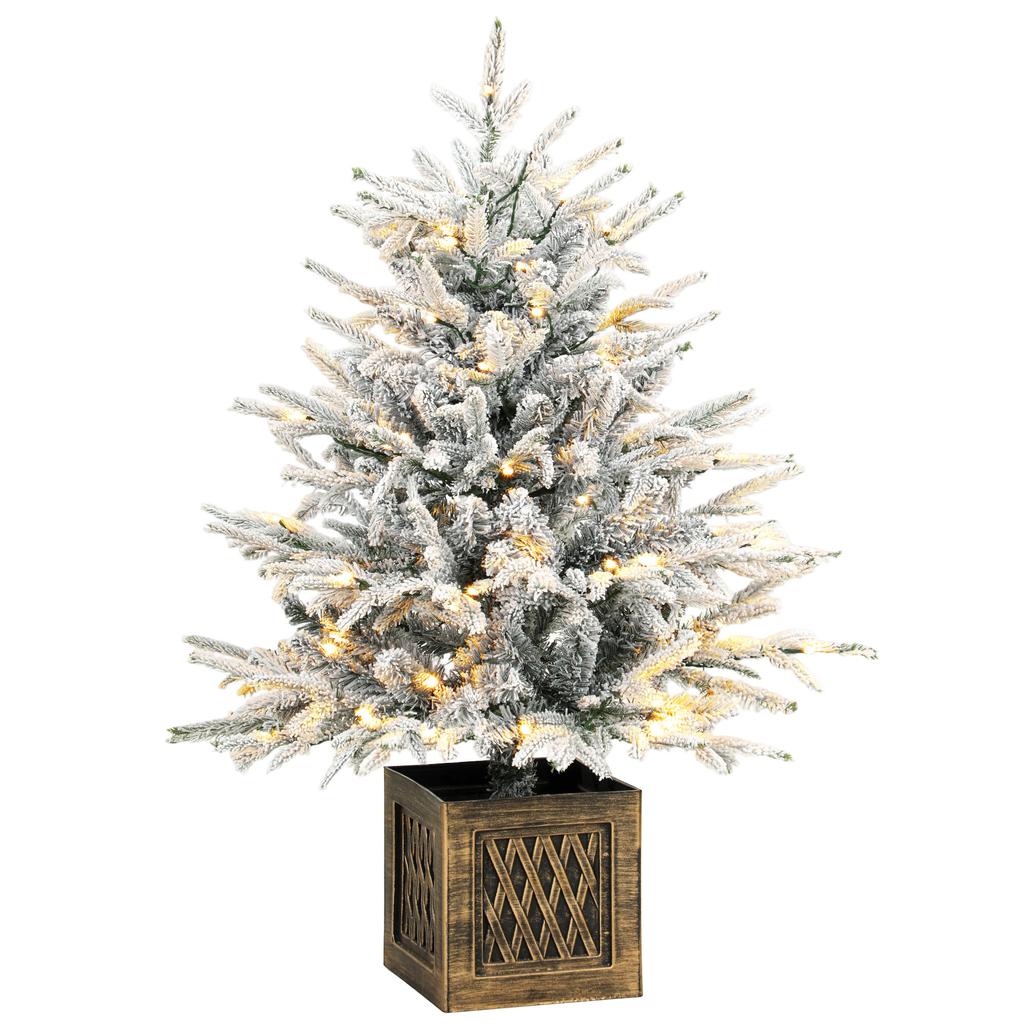 90 cm Prelit Flocked Christmas Tree, Base Stand, Green White
