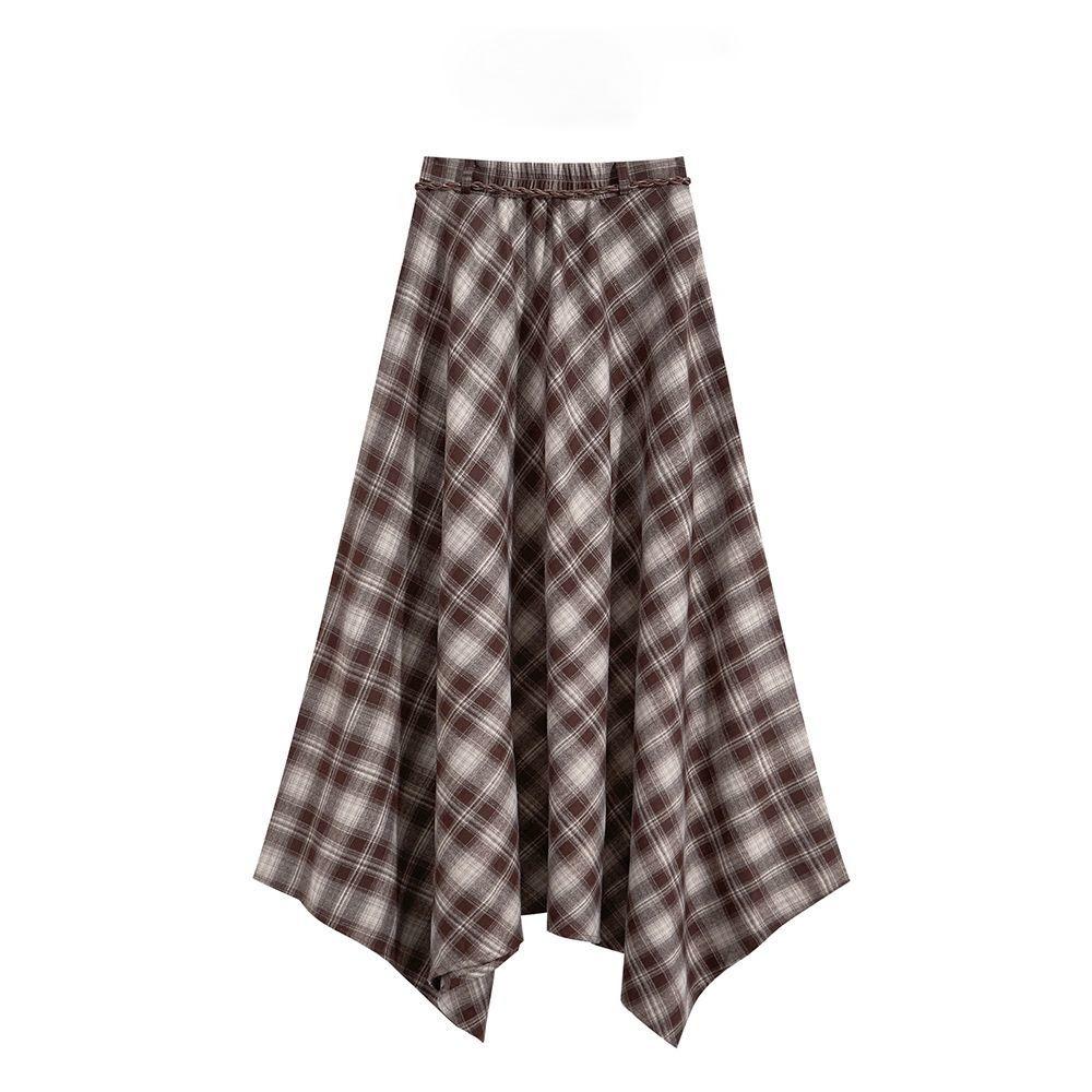 Autumn Retro Plaid Skirt Women High Waist A Line Midi Length Irregular Hem Vintage Fashion