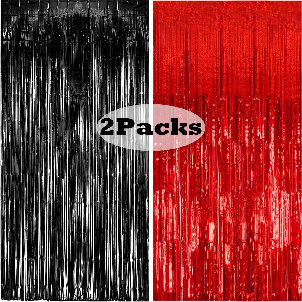 2Packs 1x2m Red Black Foil Curtain Backdrop Black Red Tinsel Party Streamer Curtains Wedding Bridal Shower Birthday Decoration 5