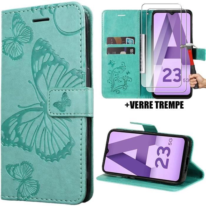 Coque pour Samsung Galaxy A23 5G, Protection Antichoc Synthécuir Vert Motif Papillons + 2 Protection d'écran Verre Trempé