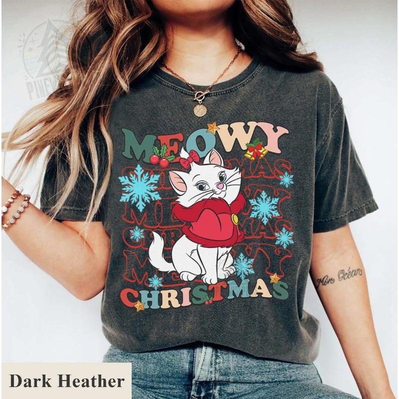 Cute Mary Cat Meow Meow Christmas Shirt Four Seasons Casual Unisex and Women Suitable Casual Fashion Tshirt