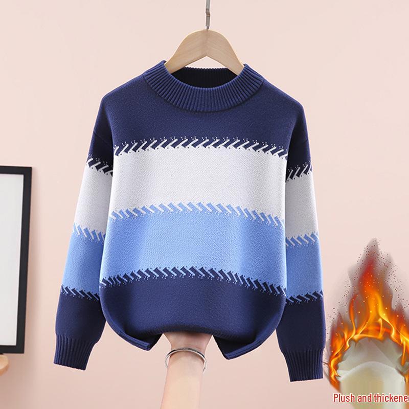 Boy's Round Neck Knit Sweater - Pure Cotton, Fleece-Lined for Autumn/Winter