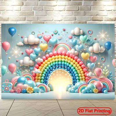 2D Dreamy Rainbow Background, Balloon Arch & Clouds Themed Party Backdrop