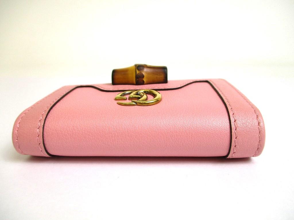Authentic GUCCI Double G Bamboo Pink Leather 6 Pics Key Chain #a611 Refurbished