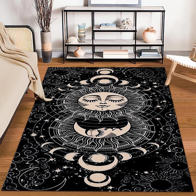 Vintage Black Moon and Sun Pattern Rug with Celestial Design Suitable for use as an anti-slip for living room bedroom sofas