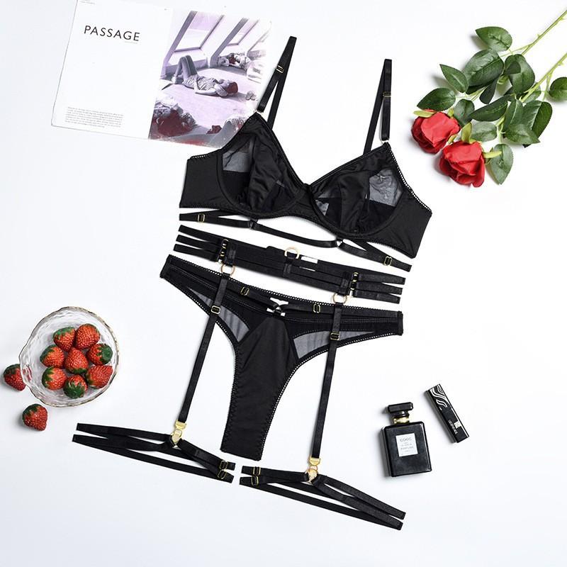 Lace complex craftsmanship gathers hollow mesh splicing with leg rings, four-piece women's lingerie