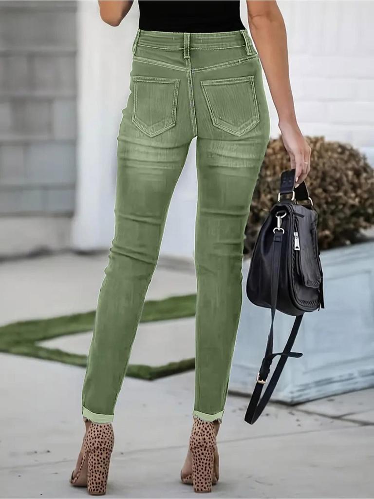 Women's Plus Size Slim Fit Multi-button Elastic Washed Denim Jeans