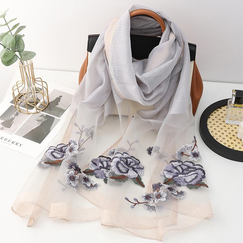 Four Season Silk Wool Scarf Women Hijab Pashmina Shawls Wrap Bandana Blanket Floral Pashmina Embroidery Scarves Foulard Femme