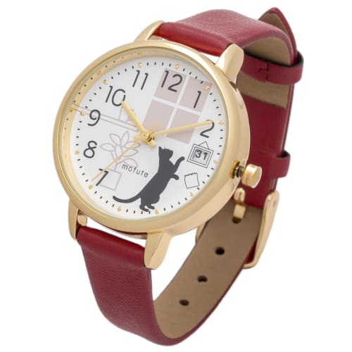 Fieldwork Women's Analog Watch with Leather Strap, Calendar, Date Display, Cat Design, Nyakare, Red, ST295-2