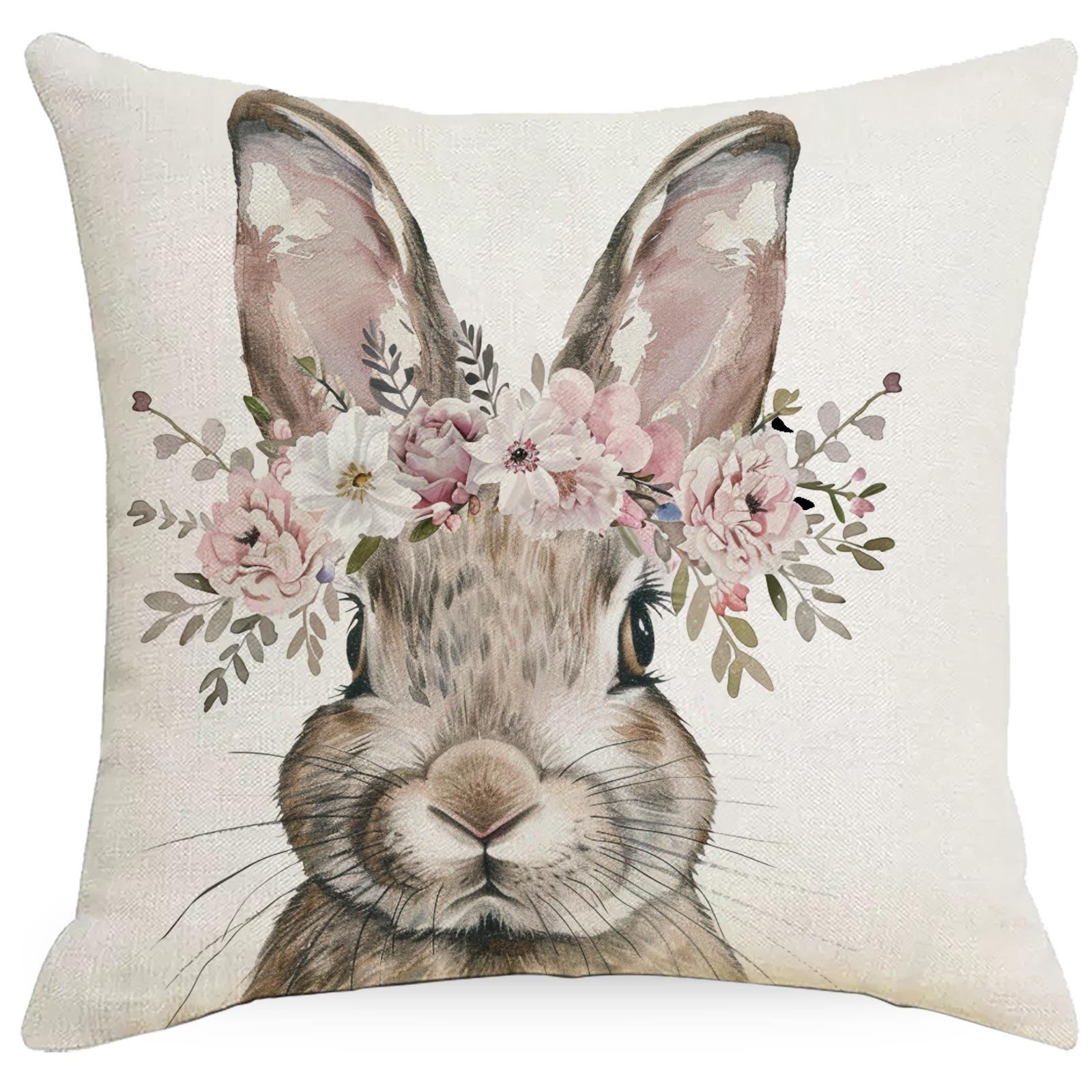 

Новая пасхальная наволочка Креативный кролик Цветок и птица Лен Винтажный принт Наволочка для подушки 45 * 45Cm