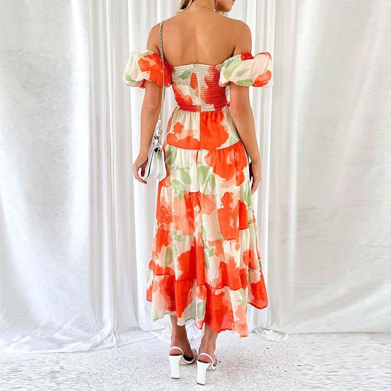 

Sweet Dress2024 Fashion Summer and Autumn New Women s Clothing Sweet Elegance Florals Hollow out Shoulder-Baring Dress Orange Red L