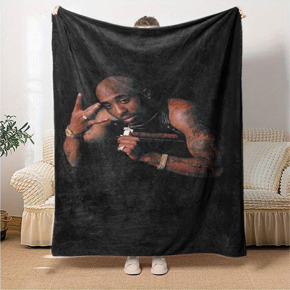 1pc 2PacHip Hop Blanket Soft Lightweight All Season Multi Purpose Throw for Sofa, Bed, Office & Picnics, French Style with Iconic Album Art & Quotes