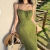 French Gentle Wind Green Summer Suspender Dress Waist and Thin Temperament Holiday Jacquard Dress