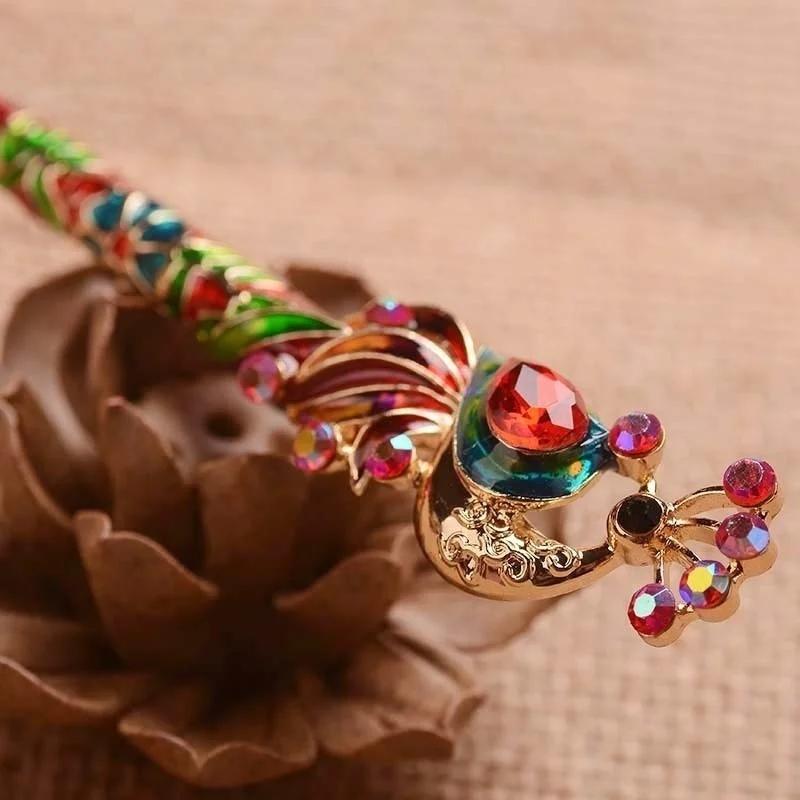 Retro Women Enamel Crystal Peacock Hair Stick Pin Chinese Style Handmade Accessories Ladies Gentle and Elegant Jewelry Headwear