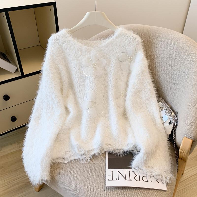 Beaded Floral Faux Mink Knit Sweater for Women, 1011 Autumn/winter Soft and Glutinous Bow Sweater, Base Layer Pullover Top