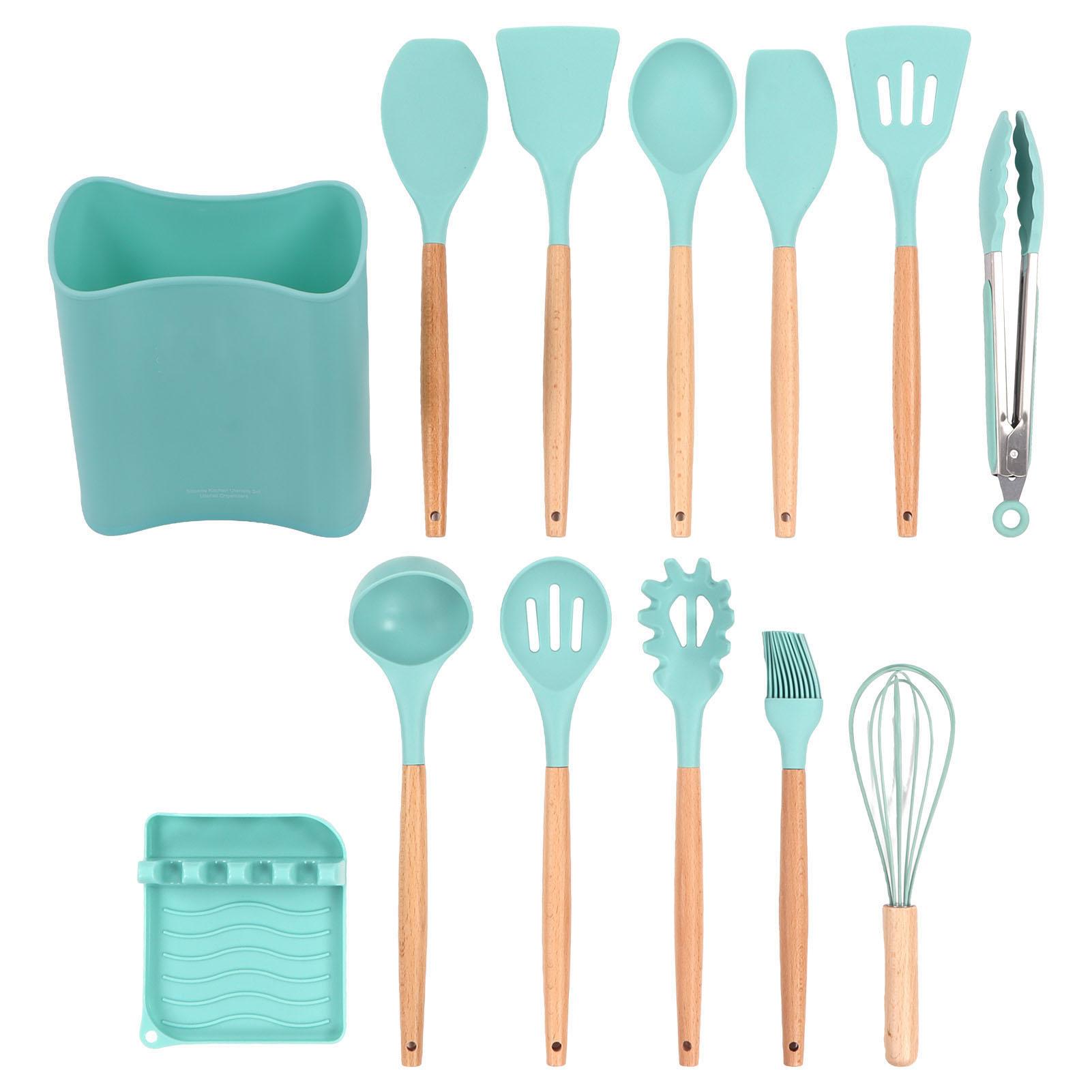 

13pcs Silicone Kitchenware Wooden Handle Stick Spatula Spoon Cooking Utensils Set with Holder for Home