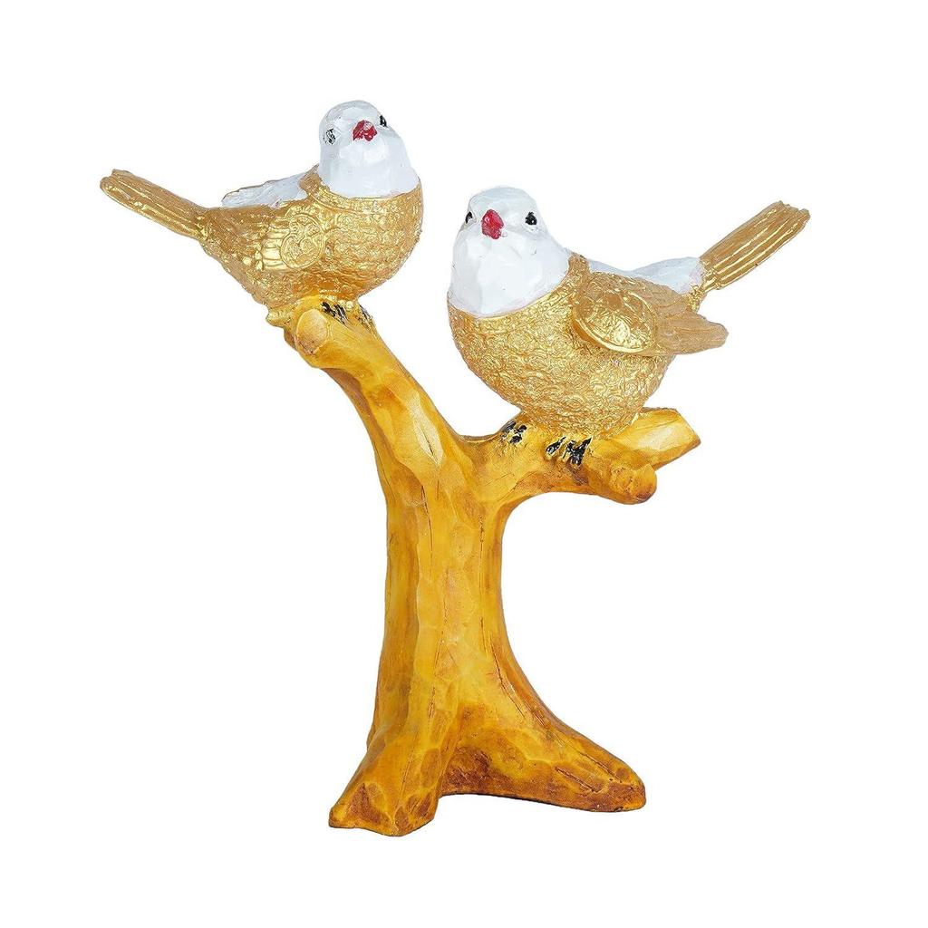 2 Birds Sitting On Tree Branch Figurine Home Decoration Showpiece Chidiya Statue for Home Decor Item Sparrow Pair Showpiece (Golden)