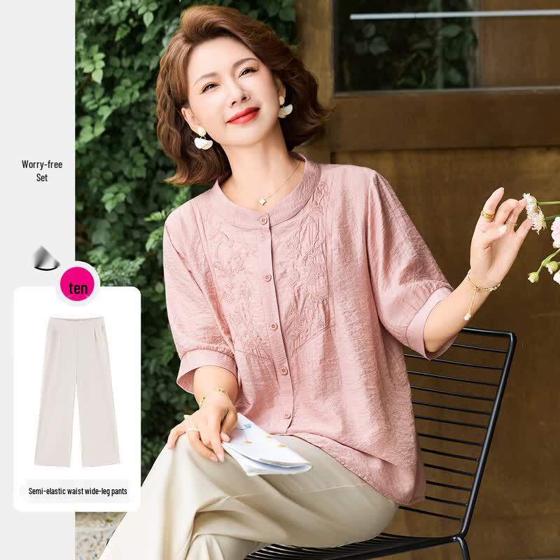 Past New Chinese Style Embroidered Blouse & Pants Set XL розовый