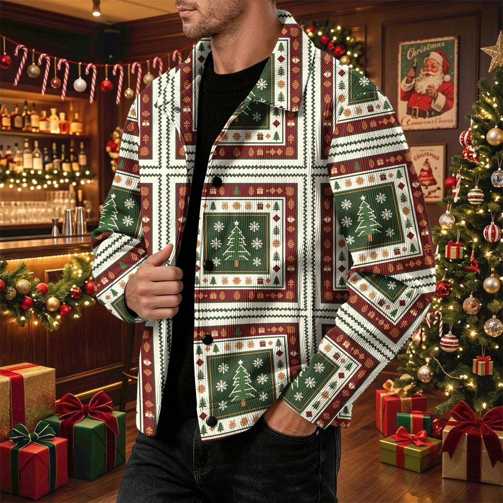 Men's Corduroy Collared Jacket Loose Fit Long Sleeve Casual Top with Christmas Print for Fall and Winter