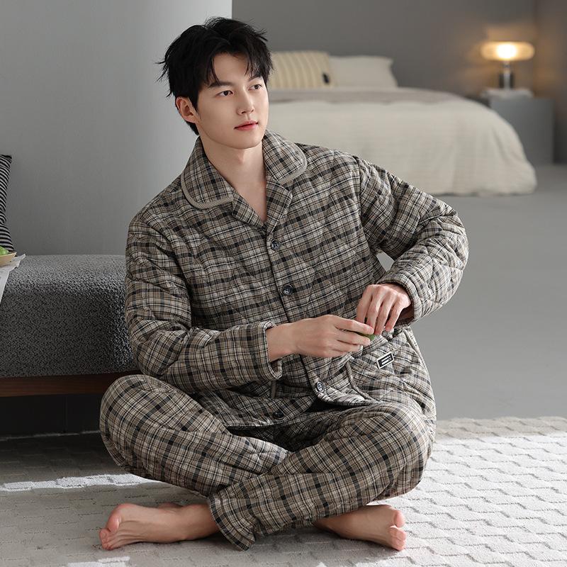 Pyjama d'hiver rembourré en coton épais à trois couches 100 % pur pour homme, veste rembourrée, vêtements d'intérieur chauds pour homme automne et hiver, grande taille