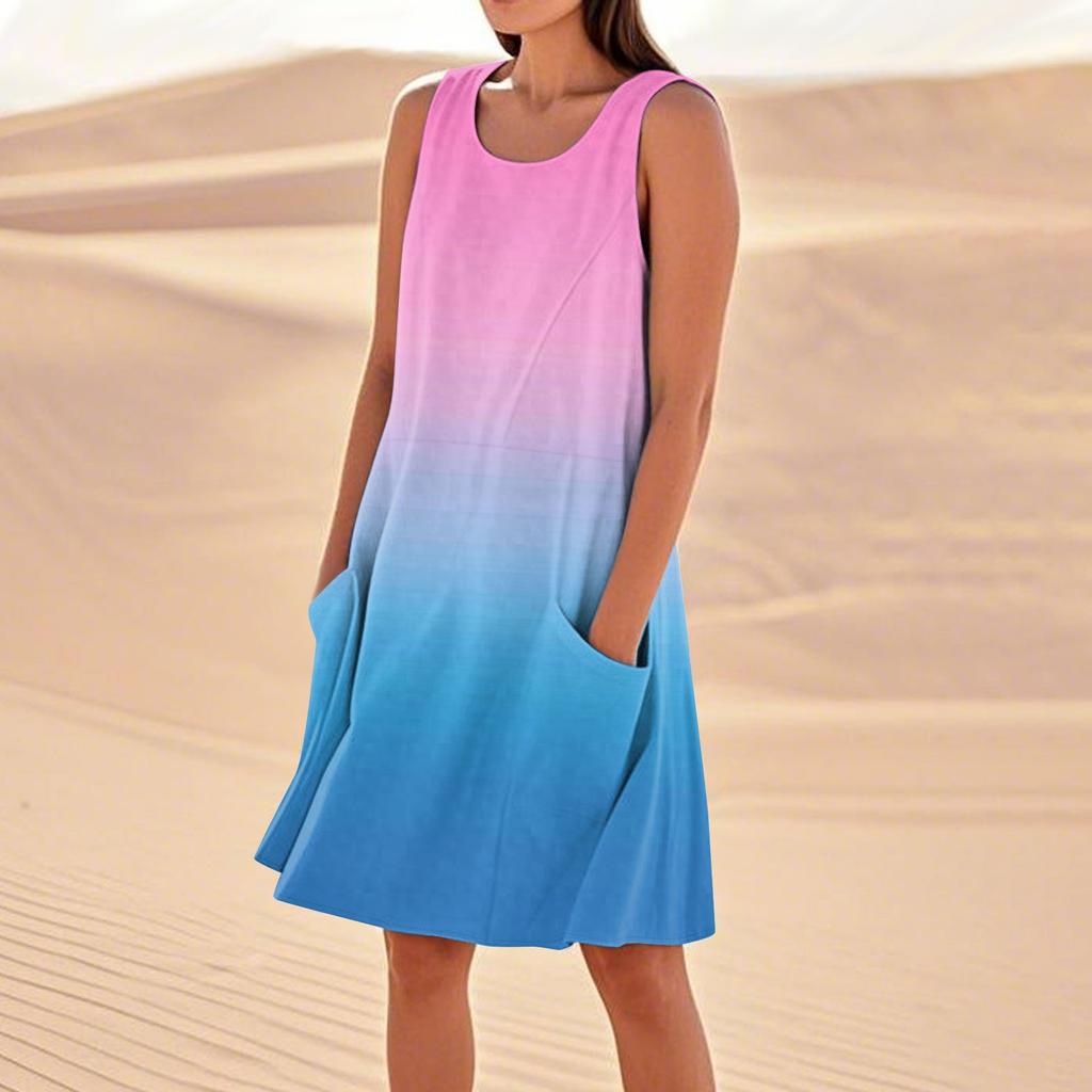 Women's Fashion Casual Gradient Print Sleeveless Pocket Beach Dress