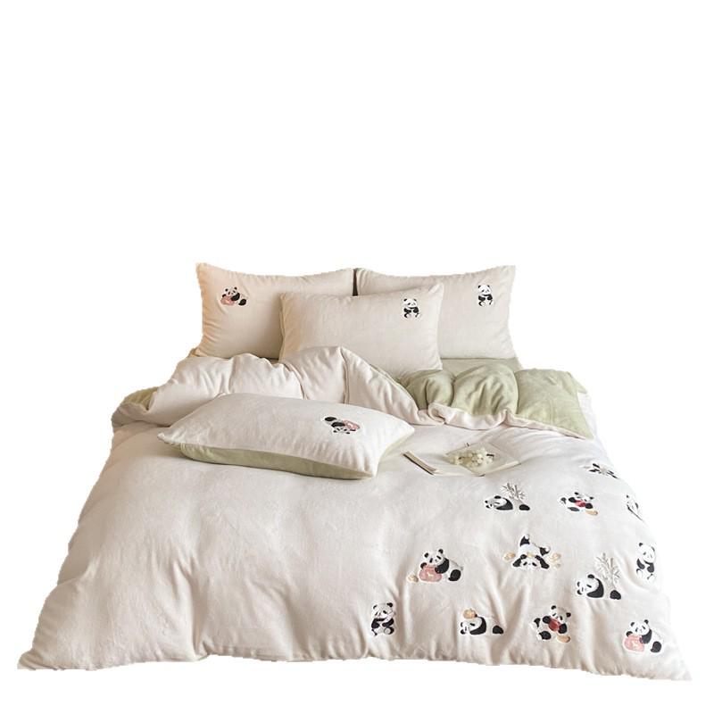 Class A Mother & Baby Thickened Coral Fleece Panda Bedding Set - Winter Four-Piece Double-Sided Warmth