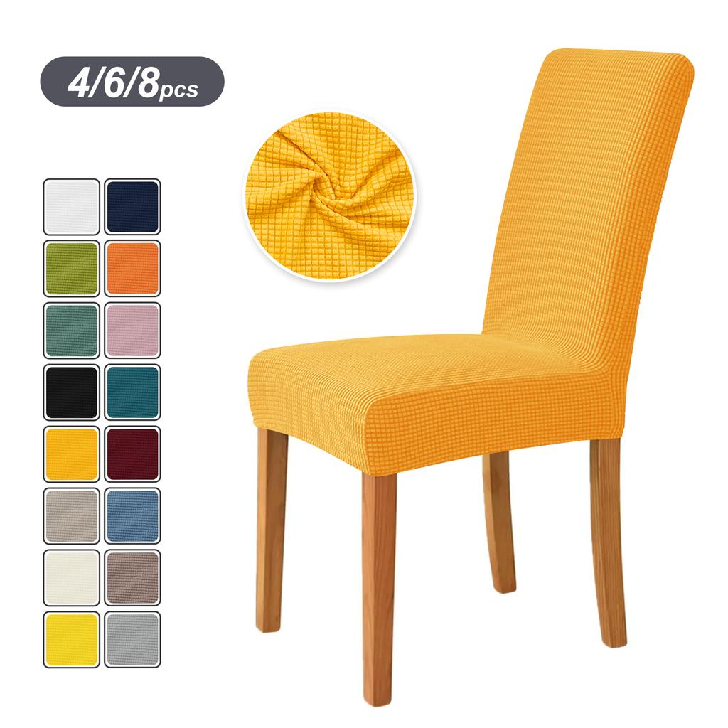 4PCS Stretch Dining Chair Covers Feature Textured Checked Jacquard Fabric High Back Chair Slipcover Thick Chair Protectors