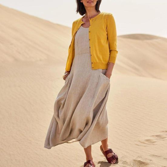 Vestido Maxi de Lino para Mujer Casual de Verano Holgado Sin Mangas Boho Tipo Camiseta Cuello Redondo Vestido de Sol para Vacaciones en la Playa con Bolsillos