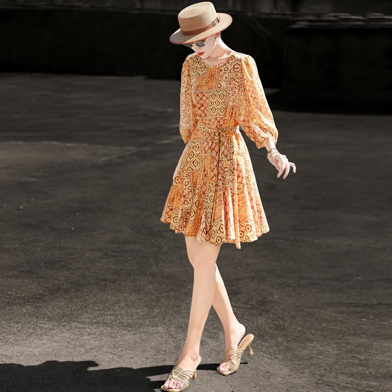 Lanseer Elegant Chiffon Printed Waist-Tie Short Dress