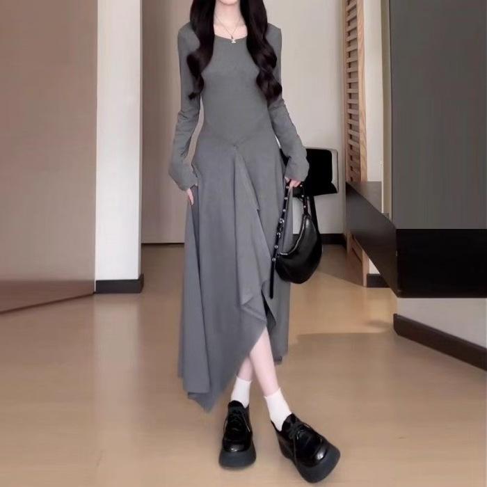 

Hepburn style irregular black long-sleeved dress women s spring, autumn and winter new high-end temperament base long skirt S