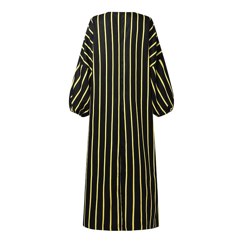 Oversized Women Casual Long Sleeve Floral Print Striped Loose Long Dress Kaftan Robes