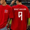 T-shirt with Haaland 9 Print, Norway National Team, Double-sided Print, Men's and Women's, for Football Fans, Oversize, Casual Sports T-shirt.