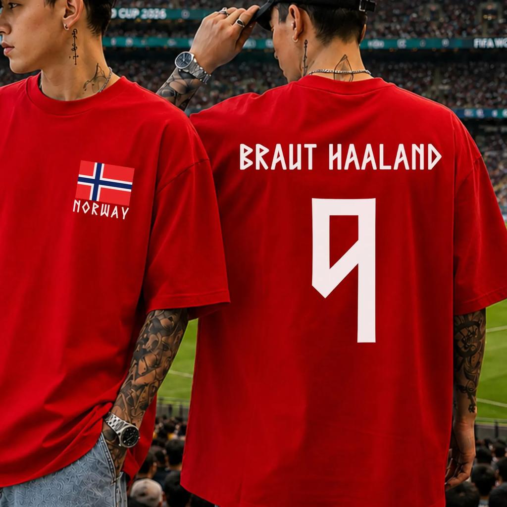 T-shirt with Haaland 9 Print, Norway National Team, Double-sided Print, Men's and Women's, for Football Fans, Oversize, Casual Sports T-shirt.