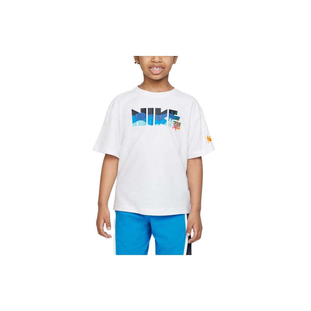 Nike Coral Reef Letter Print Loose Round Neck Short Sleeve T-Shirt Kids Tops White FQ0635-100