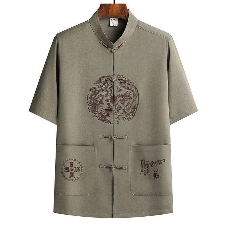 Chinese Style Mens Short Sleeve Suit With Dragon Phoenix Pattern Embroidery For Summer Casual Wear